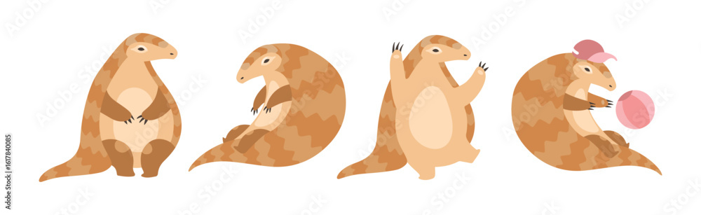 Poster cute armadillo character with shell in different action vector set