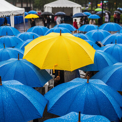 colorful umbrellas in the rain. yellow and blue umbrellas in rain. Bright yellow umbrella standing out among a sea of blue umbrellas covered in rain droplets du a rainy day outdoor event.