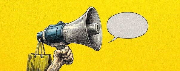 Illustrative vector artwork with a megaphone and hand emphasizing communication