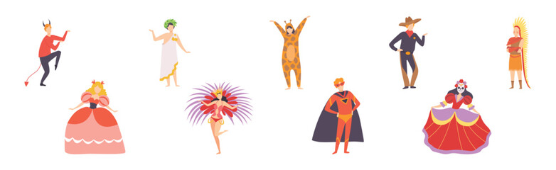 Carnival with People Character Dressed in Masquerade Costume Vector Set