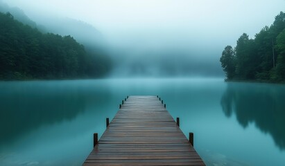 A wooden dock extends into the misty turquoise lake, enveloped by dense forest and shrouded in an ethereal fog, creating a scene of serene mystery with perfect tree reflections on the glassy water