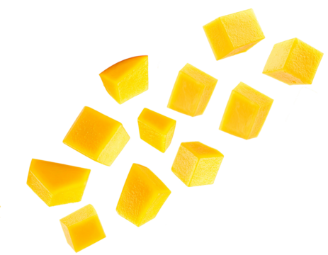 falling mango pieces isolated on white background