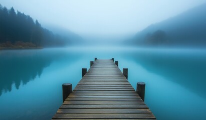 Fototapeta premium A wooden dock extends into the turquoise lake under a misty morning haze, blending serenity with the tranquil beauty of nature's untouched calm