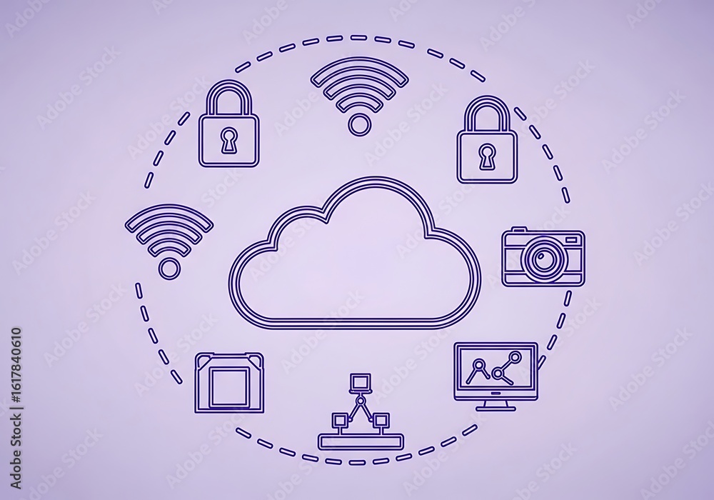 Poster a conceptual illustration of cloud computing network with security, data storage, and wireless conne