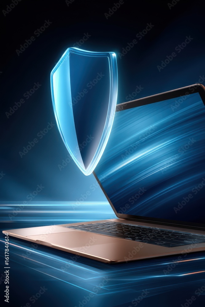 Poster digital shield protecting a laptop in a secure technology visualization