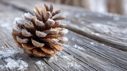 Snowy pine cone on rustic wooden surface symbolizing winter season nature cold weather and holiday atmosphere with copy space