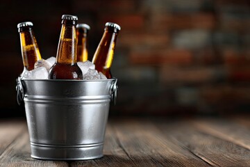 Four beer bottles sit in an icefilled metal bucket on a wooden surface against a blurred brick backdrop
