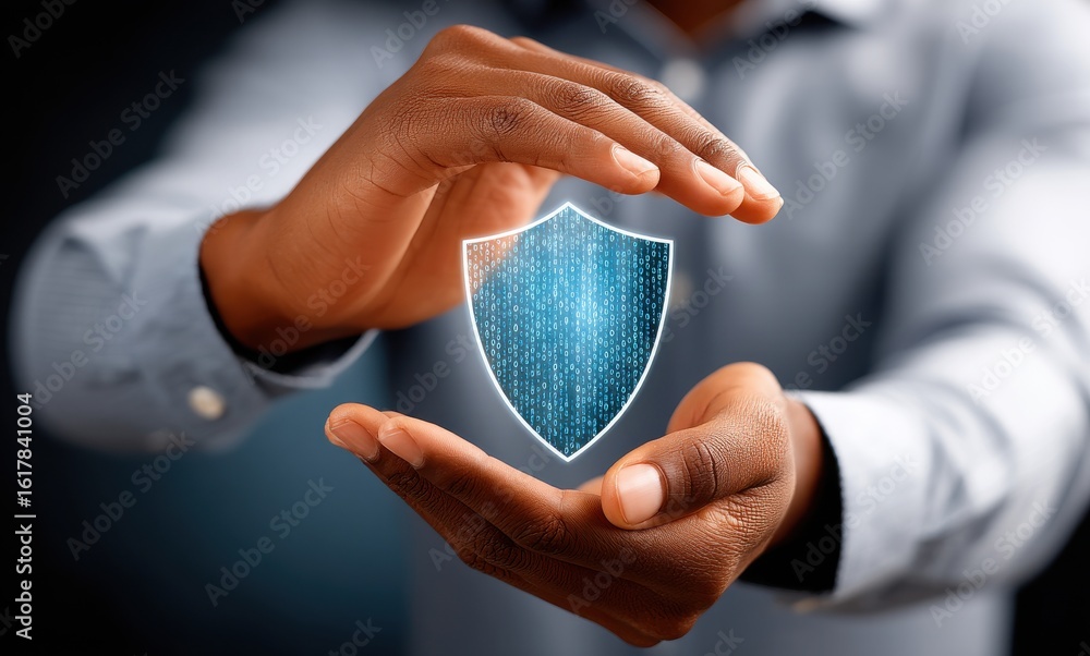 Poster hands protecting a digital shield representing cybersecurity and data protection
