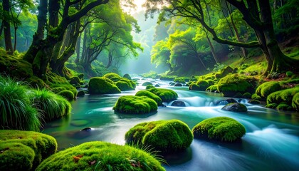 Serene stream flows through lush, mossy forest; sunlight filters through canopy