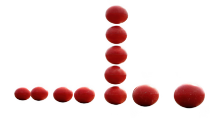 Arrangement of red oval shaped objects in a line and stacked formation isolated on transparent background