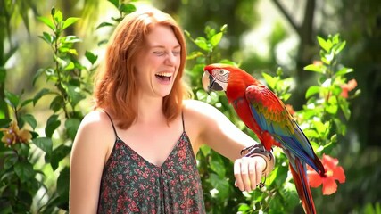 Laughing woman and macaw parrot encounter - Powered by Adobe
