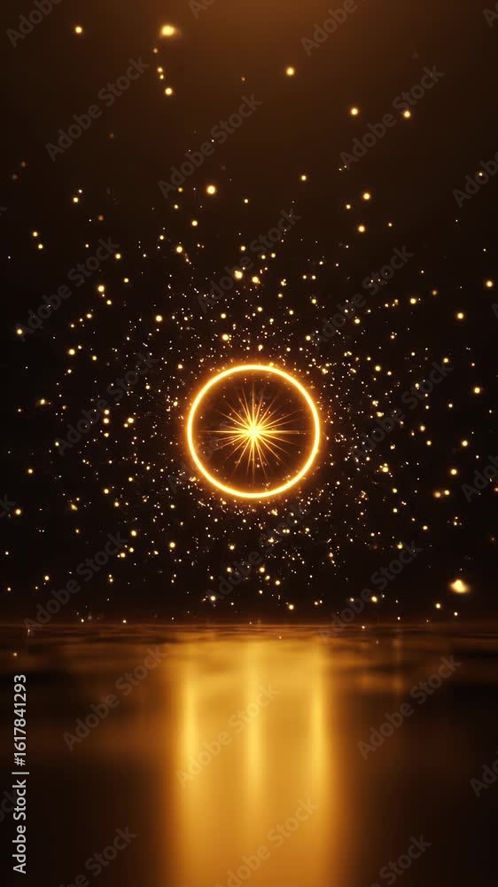 Poster abstract glowing gold circle with particle and light flare effect motion background