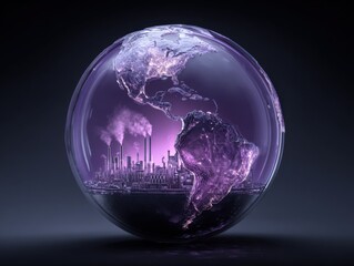 Futuristic digital globe depicting North and South America with technological cityscape and pollution elements inside a transparent sphere