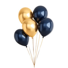 A cluster of shiny gold and deep navy blue balloons tied together with a golden string isolated on transparent background