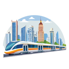 Modern MRT Train Passing Through the City – Urban Mass Rapid Transit System with Townscape Background, Public Transportation Concept, Smart City Mobility, Vector Illustration or Realistic Scene