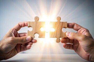 Hands connecting two wooden puzzle pieces with bright light