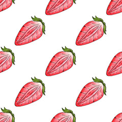 Strawberry slice seamless pattern hand drawn watercolor. Juicy fruit. Berry harvest. Seasonal sweet food. Healthy eating, vitamins. Vegan nutrition. Illustration background for wall and wrapper.