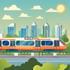 Modern MRT Train Passing Through the City – Urban Mass Rapid Transit System with Townscape Background, Public Transportation Concept, Smart City Mobility, Vector Illustration or Realistic Scene