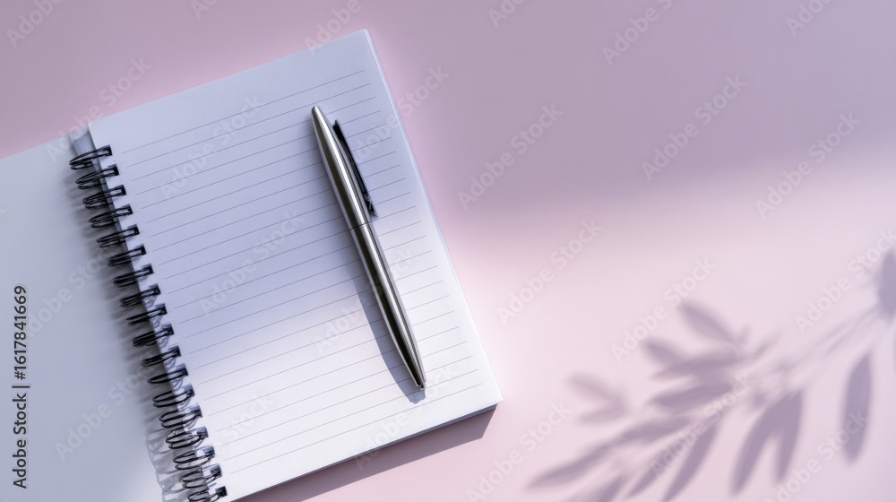 Poster empty spiral-bound notebook with lined pages and a silver pen on a pastel pink background with shado