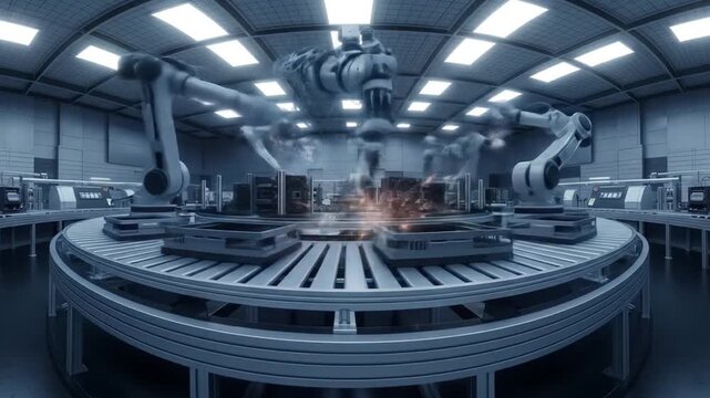 360 vr video showcases industrial robots in a modern factory with immersive lighting. Suitable for technology and manufacturing presentations.
