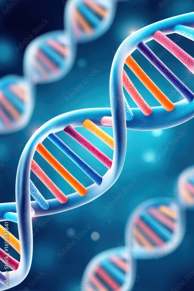 Aufkleber abstract visualization of dna double helix with colorful strands on blue background
