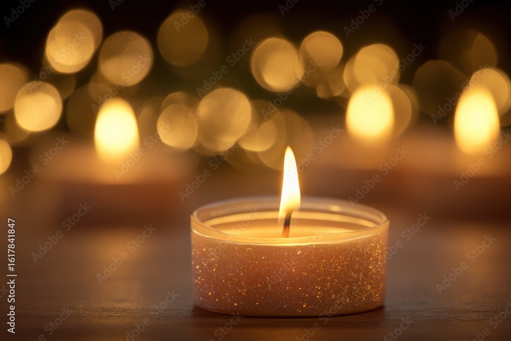 Poster close-up of a single lit tealight candle with a glowing flame on a wooden surface in a warm ambient 
