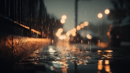 Fototapeta premium Long Exposure Night Rainfall on Wet Urban Street with Blurred Lights Creating Bokeh Effect in Dark Weather Conditions
