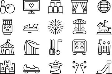 Minimalist Line Icon Set Featuring Amusement Park and Entertainment