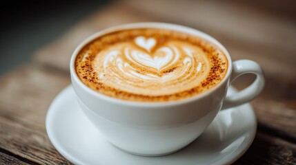 Delicious cappuccino coffee with latte art heart design served in white ceramic cup on rustic wooden table