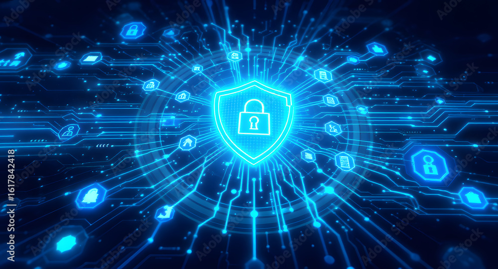 Poster digital cybersecurity concept: glowing shield with padlock icon on abstract blue network background