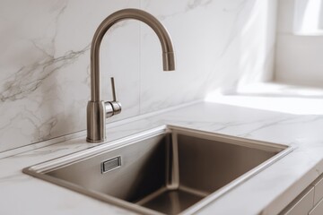 Modern single-handle kitchen faucet mounted on a stylish white marble countertop with a large undermount sink in a bright contemporary kitchen setting