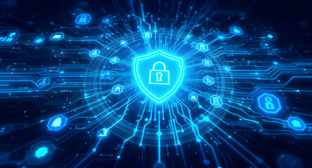 Digital Cybersecurity Concept: Glowing Shield with Padlock Icon on Abstract Blue Network Background