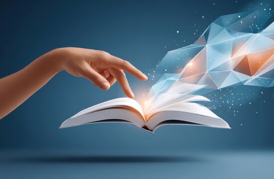 Hand reaching towards an open book with abstract energy shapes emitting
