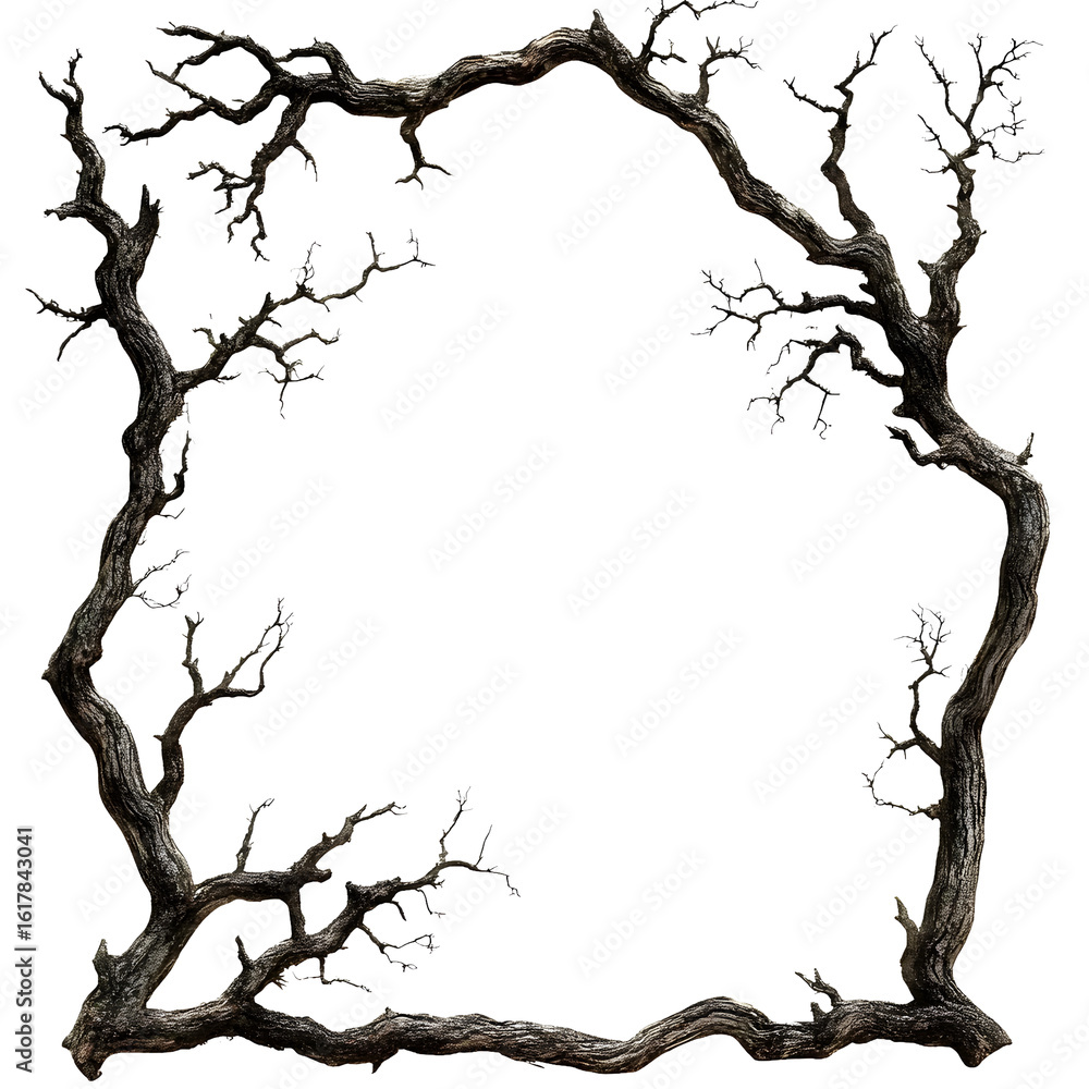Wall mural gnarled and twisted ancient tree branches forming a dark moss covered frame isolated on transparent 