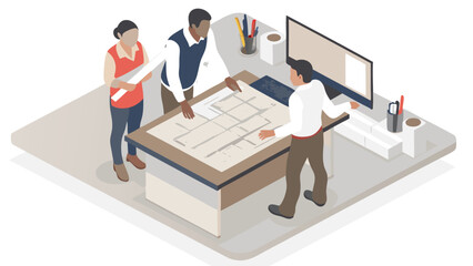 Three people collaborating on a blueprint at a desk with a computer and office supplies around them