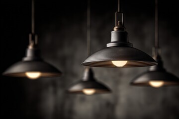 Modern industrial pendant lighting fixtures hanging with warm illumination over dark textured concrete wall background for stylish interior design