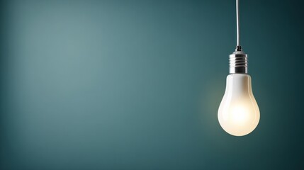 Bright illumination of an energy-saving lightbulb hanging freely against a plain blue-green background with soft lighting and minimal design