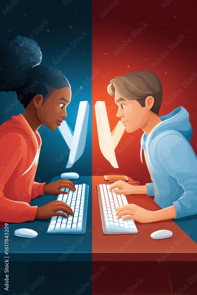 Poster two individuals facing each other over computers in a competitive setting
