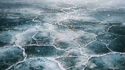 Frozen cracked ice surface with shimmering light reflections symbolizing cold winter season nature texture and frozen water with copy space