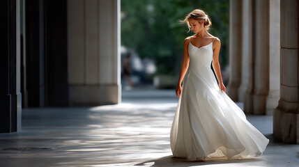 Elegant bride walking gracefully in soft sunlight