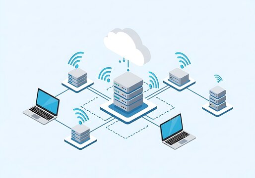 Isometric illustration of cloud computing network with server and laptop for data connection