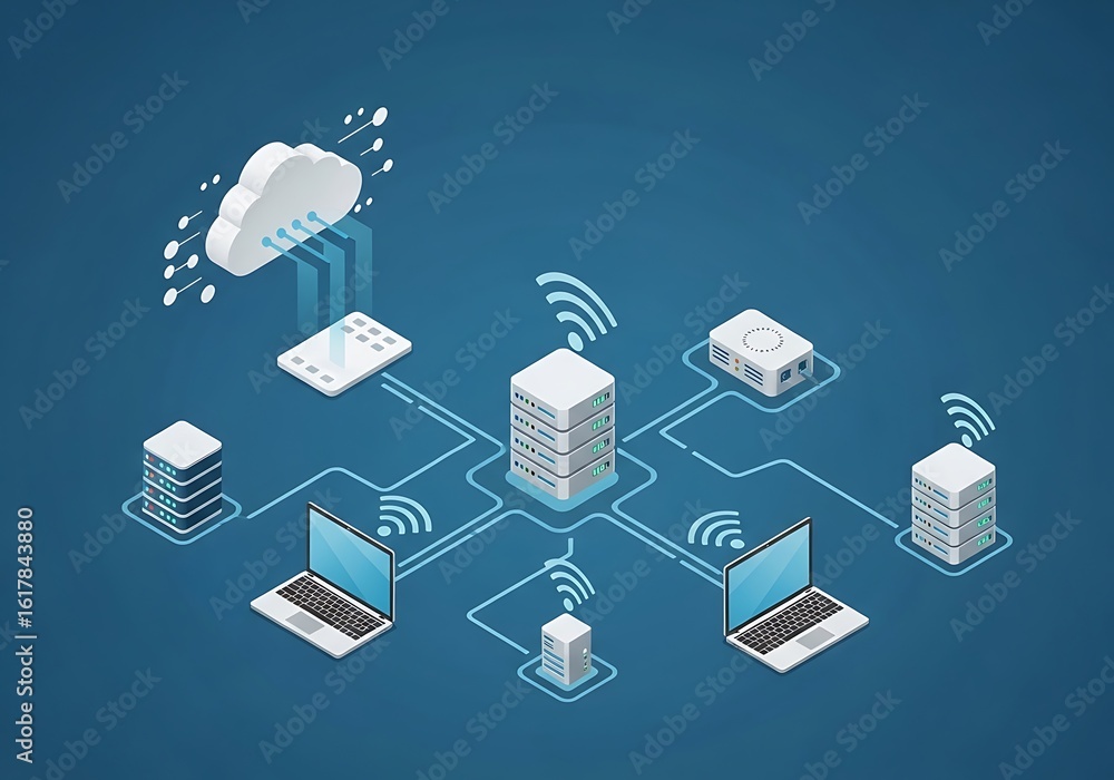 Poster isometric illustration of a network connecting various devices to a cloud server for data transfer