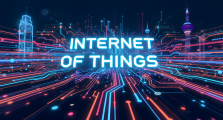 Futuristic Internet of Things (IoT) digital city network with glowing data connections and abstract circuit lines, representing global technology.