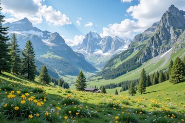 A serene alpine valley stretches beneath snow-capped peaks, its meadows dotted with vibrant yellow flowers swaying gently in the mountain breeze