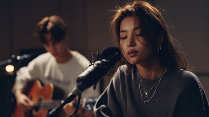 Female singer performing with a guitarist in a studio