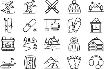 Line Art Winter Sports and Recreation Icons, Outline Style