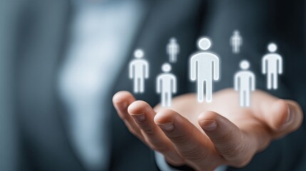 A man's hand in a suit reaches out, with a person icon floating above the hand. Human resources management or team management.