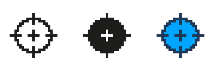 Pixelated Target Icon Set. Retro Gaming Crosshair Symbol. Focused Aim Symbol in Pixel Art Style. Isolated Vector Illustration