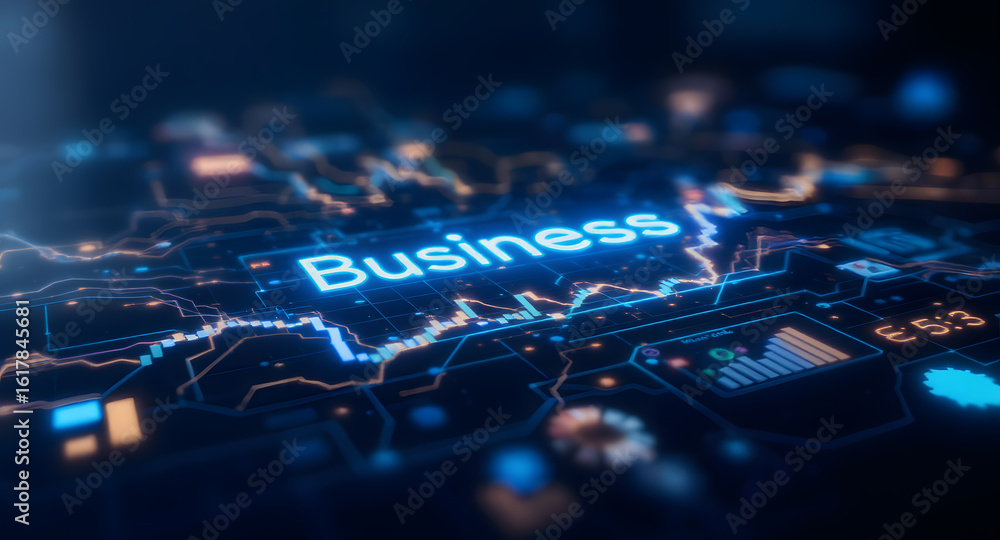 Aufkleber business word on digital network background with glowing data visualization and futuristic technolog