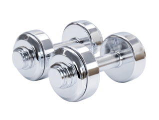Two chrome-plated dumbbells, slightly angled, isolated on black background.  Their smooth, rounded ends and ribbed handles are highly reflective